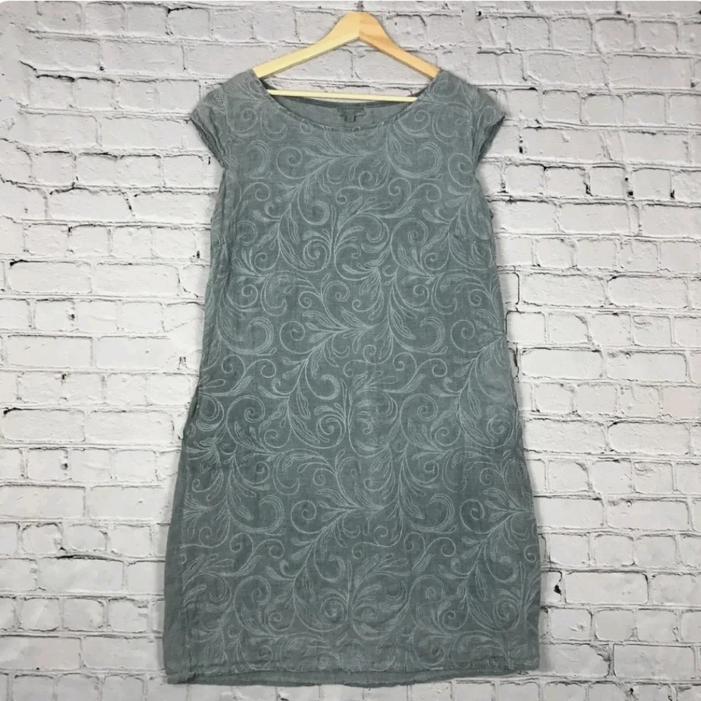 Lina Tomei linen blue floral Embroidered Knee Length Dress M